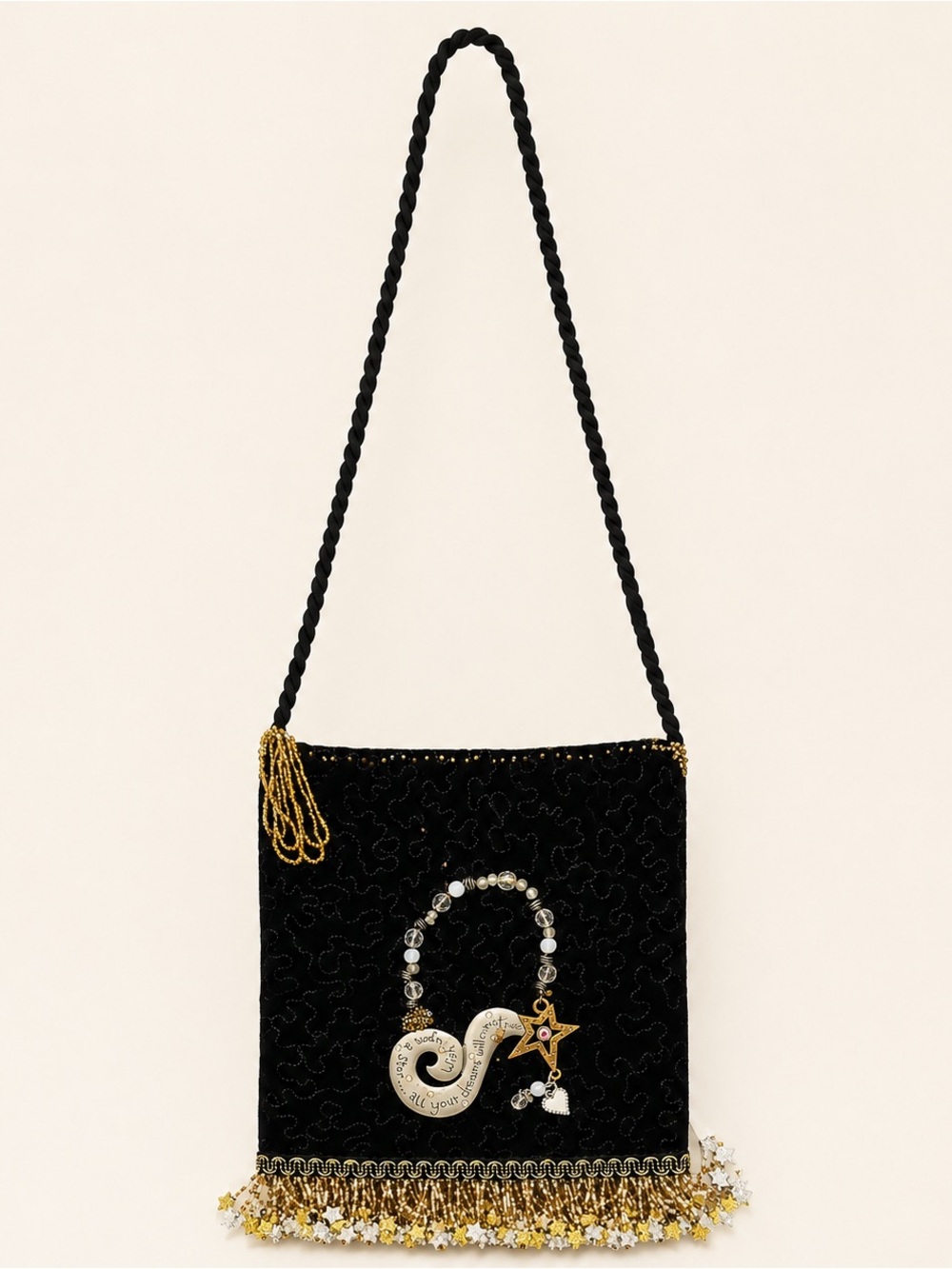 Vintage Artisan Black Velvet Beaded Star Fringe Shoulder Bag OOAK